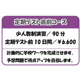 定期テスト直前コース
少人数制演習/ 90 分
定期テスト前10 日間/¥6,600
計画的に学校ワークを完成させます。
予想問題で得点アップを目指します。