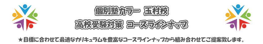 個別塾カラー 玉村校
高校受験対策 コースラインナップ
目標に合わせて最適なカリキュラムを豊富なコースラインナップから組み合わせてご提案致します